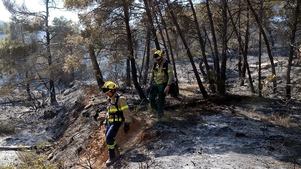 Bombers treballant en l'extinció de l'incendi forestal de la Conca de Barberà @SergiSegura