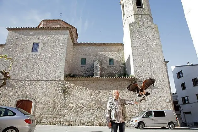 Lluís Culleré amb l&#39;àguila a la plaça de l&#39;església per actuar contra els coloms. 