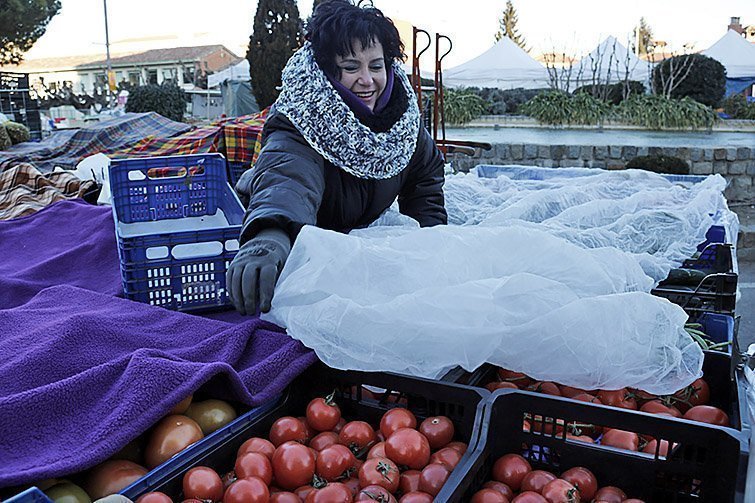 Pla mig d'una paradista del mercat setmanal de Mollerussa protegint del fred les hortalisses de la seva parada, el 18 de gener de 2017. (Horitzontal)