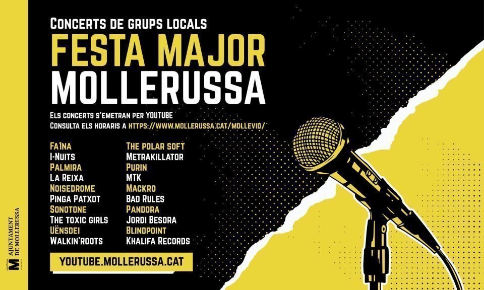 Cartell del macroconcert de grups de proximitat en confinament previst per la Festa Major 2020 de Mollerussa. (Horitzontal)