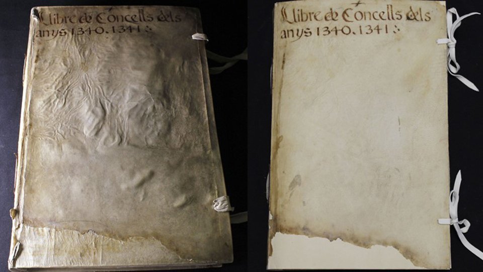 Imatge del llibre que es conserva a l'Arxiu abans i després de la restauració