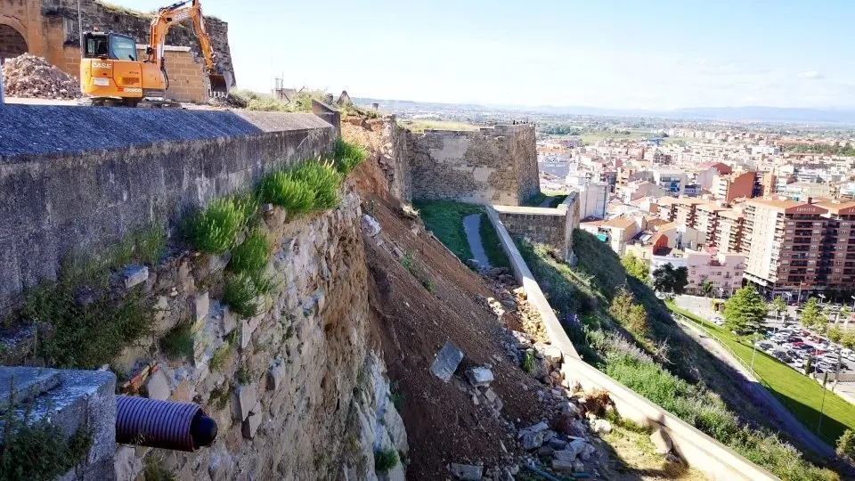 Treballs de sanejament de l'esllavissada a la muralla de la Seu Vella, el 5 de maig de 2021. Fotografia: ACN.