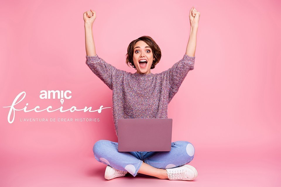 Portrait of nice attractive lovely charming cheerful cheery brown-haired girl sitting in lotus pose using laptop rising hands up celebrating, attainment isolated over pink pastel color background