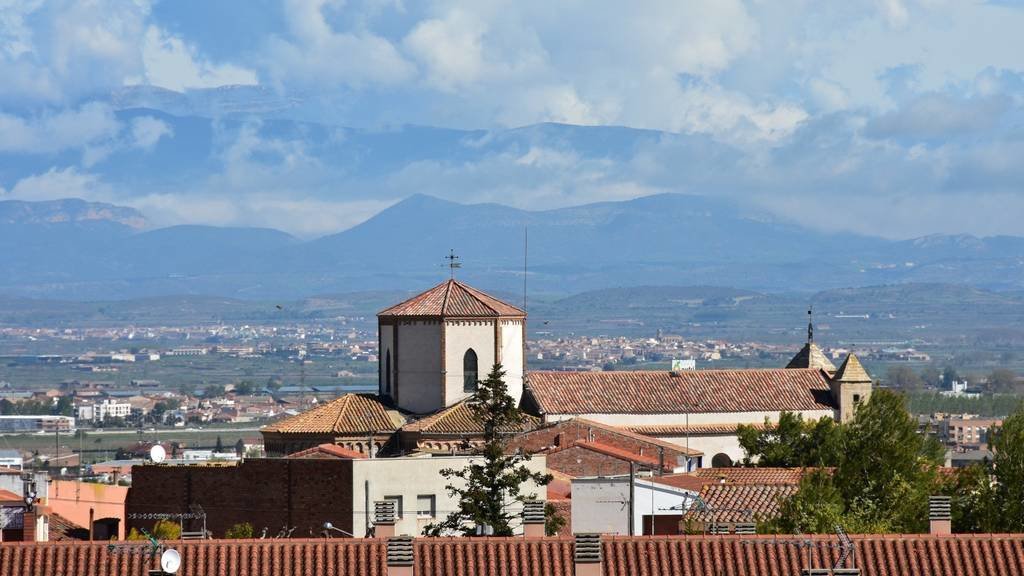 Vista general de Miralcamp, amb l'església de Sant Miquel i les muntanyes al fons - Fotografia de Xavier Soberà