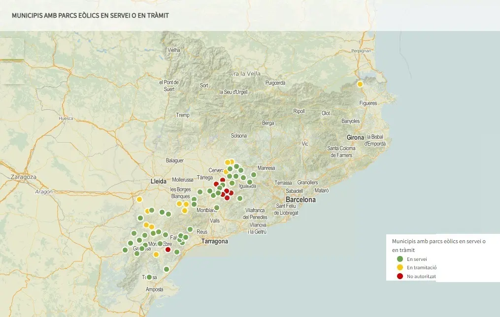 Mapa de la distribció dels projectes eòlics en servei, en tràmit i no autoritzats per distribució municipal, segons dades de Territori. Cada punt representa un municipi amb aerogeneradors, així que cada parc pot estar representat més d'una vegada.

Data de publicació: diumenge 14 de maig del 2023, 06:00

Localització: Barcelona

Autor: Guifré Jordan