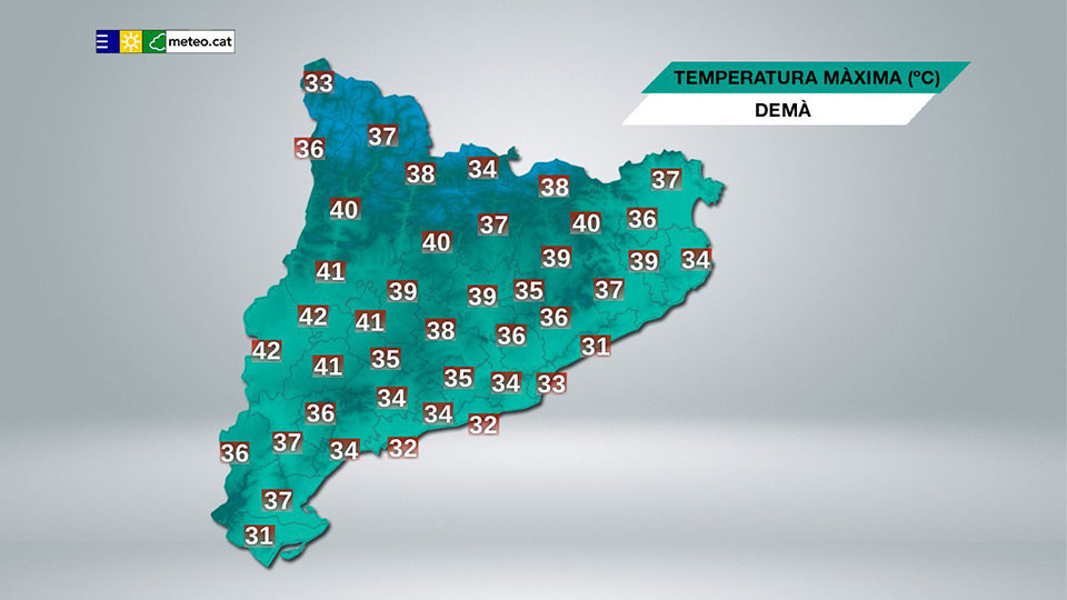 Mapa dels valors de les màximes previstes per a les capitals de comarca - Font: Servei Meteorològic de Catalunya