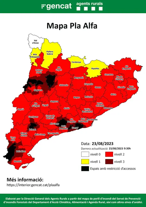 Mapa elaborat per la Direcció General dels Agents Rurals a partir del mapa de perill d'incendi diari del Servei de Prevenció d'Incendis Forestals del Departament d'Acció Climàtica, Alimentació i Agenda Rural, així com altres eines d'anàlisi - Imatge: Agents Rurals