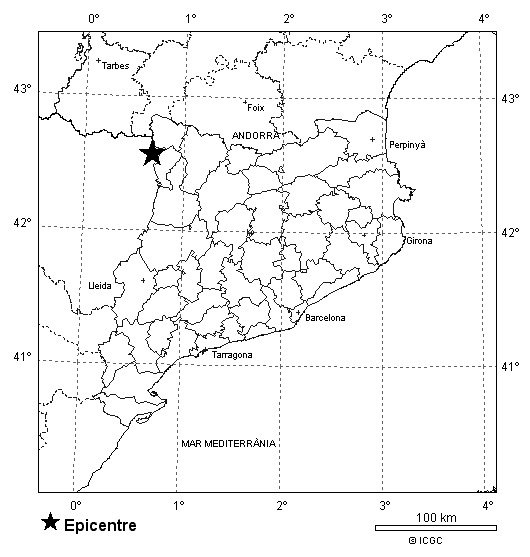 Localització provisional de l’epicentre efectuada amb els enregistraments actualment disponibles a l'Institut Cartogràfic i Geològic de Catalunya - Mapa: Institut Cartogràfic i Geològic de Catalunya