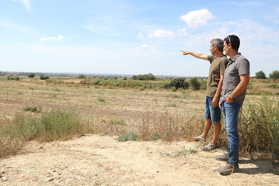 Gerard Batalla i Gerard Daniel, membres de la plataforma Pobles Vius, observen el terreny on està projectada la macrocentral de biogàs més gran de Catalunya a la Sentiu de Sió (Noguera) - Foto: Alba Mor