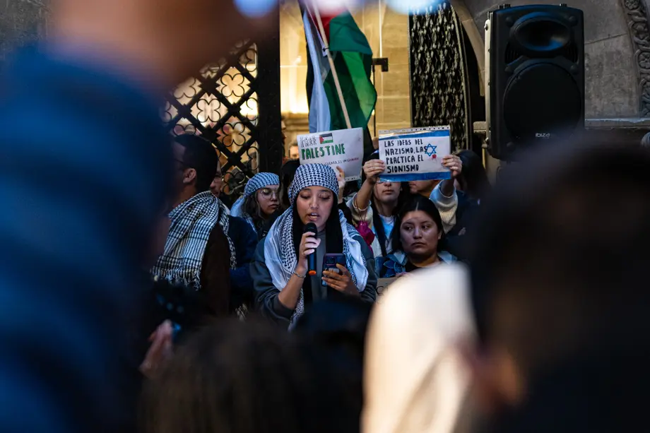 Concentració a la plaça de la Paeria de Lleida, on s'ha llegit un manifest en solidaritat al poble palestí - Foto: Jordi Vinuesa
