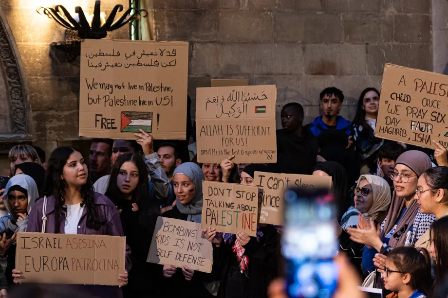 Concentració a la plaça de la Paeria de Lleida, on s'ha llegit un manifest  en solidaritat al poble palestí - Foto: Jordi Vinuesa