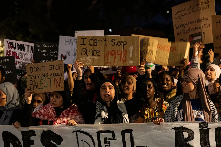 Una manifestant aixeca una pancarta durant la manifestació en solidaritat al poble palestí a Lleida - Foto: Jordi Vinuesa
