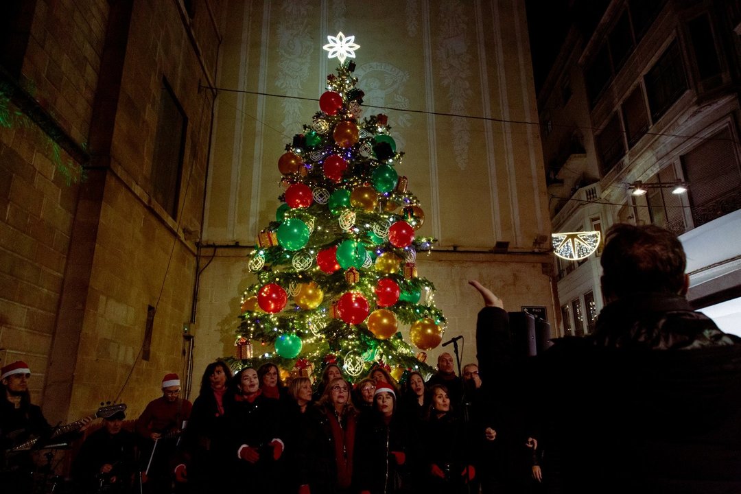 La coral Veus.kat ha fet una cantada de nadales davant el gran avet natural que decora la plaça Paeria - Foto: Ajuntament de Lleida