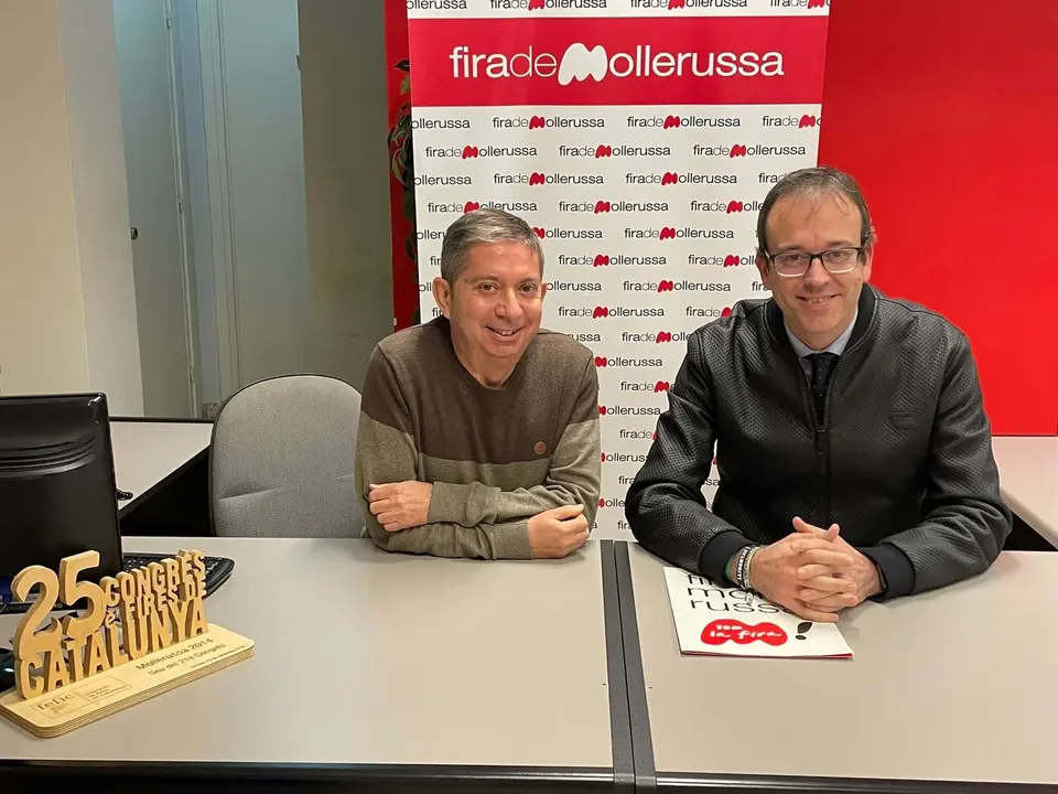 L'alcalde i president de Fira de Mollerussa, Marc Solsona, i Joaquim Fabrés, a les oficines de l'ens firal