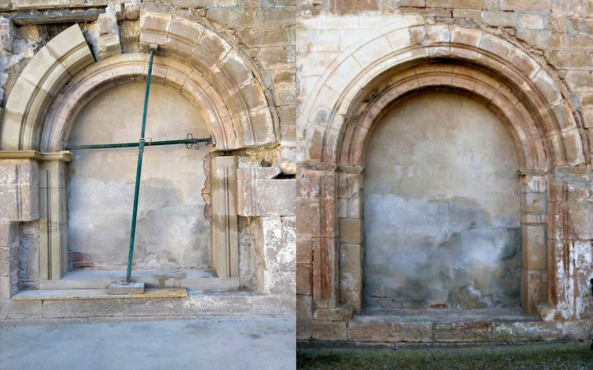 Comparativa de l'arc romànic de l'església de Bovera, a l'esquerra amb les obres que s'hi han començat a fer i a la dreta com estava abans d'aquestes -  Foto: Independents per Bovera (IxB)