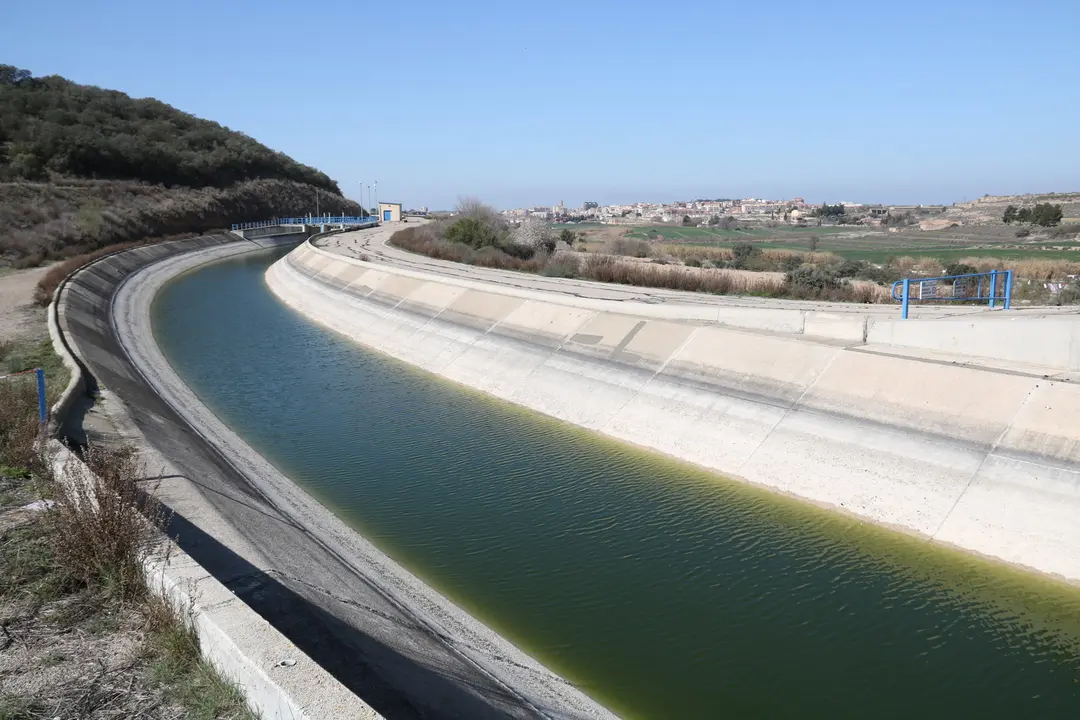 Imatge del canal Segarra-Garrigues al seu pas pel Talladell i amb Tàrrega al fons. - Foto: Ignasi Gómez