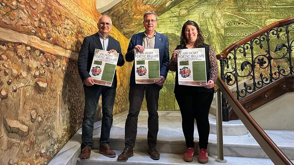 Presentació de la 8a edició de l'Hort Poètic amb el seu impulsor, Jaume Suau, el president de la Diputació, Joan Talarn i l'alcaldessa de Bellvís, Sílvia Escalé - Foto: E. Barta