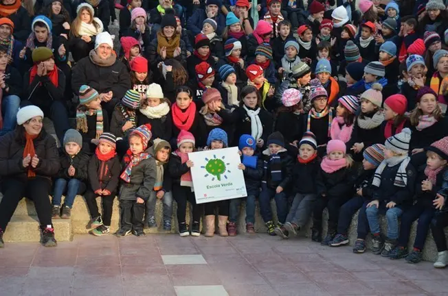 El Col·legi Mare de Déu de Montserrat de les Borges amb el distintiu que l'acredita com a Escola Verda