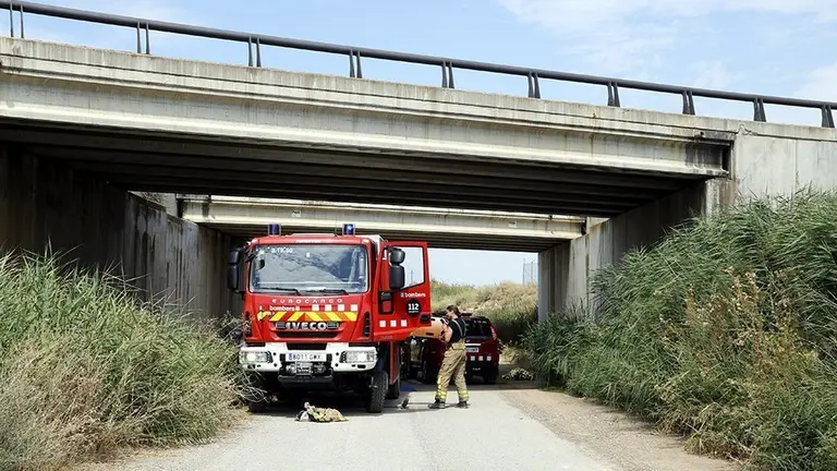 Vehicles dels Bombers treballant a sota el pont de l'A-2 a Bell-lloc d'Urgell