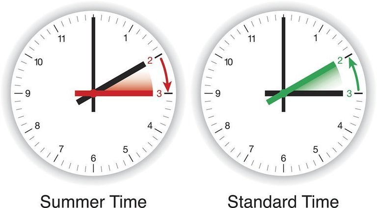 Illustration of daylight Saving time, DST, summer time and standard time. Clocks are adjusted forward one hour near the start of spring and are adjusted backward in the autumn.