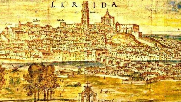 Gravat que presenta l'aspecte de la ciutat del Lleida durant el segle XVI.