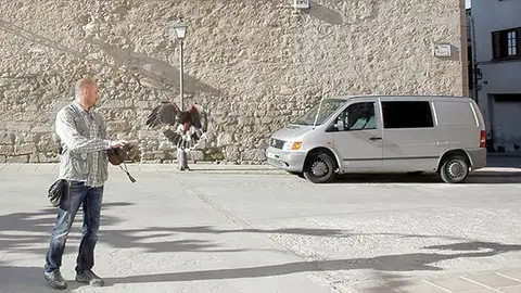 Lluís Culleré amb l&#39;àguila a la plaça de l&#39;església per actuar contra els coloms. 