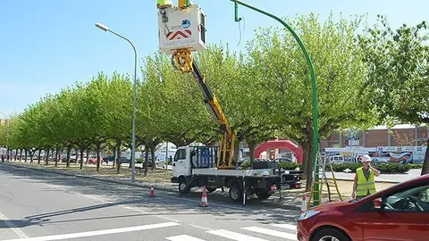 Els operaris col·loquen el semàfor en la carretera de Miralcamp.