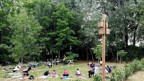 Activitat de Ioga arrelada a la terra, en la banqueta de Juneda