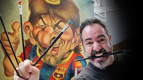 Joan Vizcarra amb una de les seves caricatures