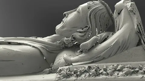 Detall del cap de la tomba del comte Ermengol reproduïda digitalment, a The Cloisters de Nova York.