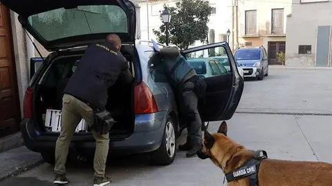 Agents de la Guàrdia Civil amb un gos escorcollant un cotxe a la recerca de droga a Castellnou de Seana
