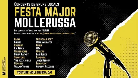 Cartell del macroconcert de grups de proximitat en confinament previst per la Festa Major 2020 de Mollerussa. (Horitzontal)