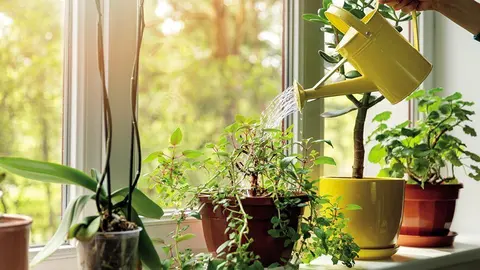 hand with water can watering indoor plants on windowsill