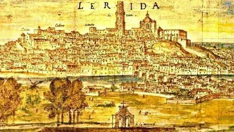 Gravat que presenta l'aspecte de la ciutat del Lleida durant el segle XVI.