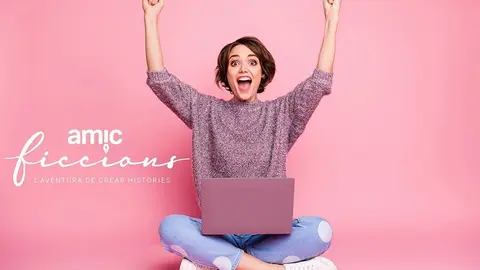 Portrait of nice attractive lovely charming cheerful cheery brown-haired girl sitting in lotus pose using laptop rising hands up celebrating, attainment isolated over pink pastel color background
