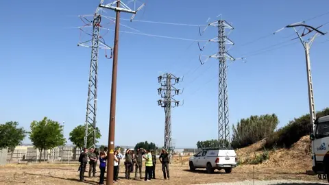 Endesa mostra a efectius del cos d'Agents Rurals els dispositius que instal·la la companyia per mitigar l'electrocució d'ocells a la xarxa elèctrica a Lleida ©Salvador Miret