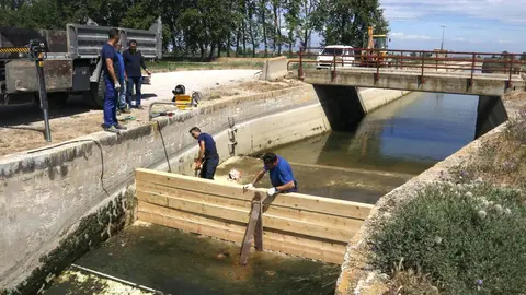 Operaris de la Casa Canal construint una tanca per retenir l'aigua al canal d'Urgell ©Oriol Bosch
