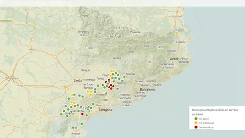 Mapa de la distribció dels projectes eòlics en servei, en tràmit i no autoritzats per distribució municipal, segons dades de Territori. Cada punt representa un municipi amb aerogeneradors, així que cada parc pot estar representat més d'una vegada.
Data de publicació: diumenge 14 de maig del 2023, 06:00
Localització: Barcelona
Autor: Guifré Jordan