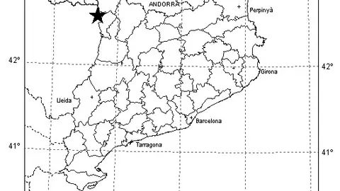 Localització provisional de l’epicentre efectuada amb els enregistraments actualment disponibles a l'Institut Cartogràfic i Geològic de Catalunya - Mapa: Institut Cartogràfic i Geològic de Catalunya