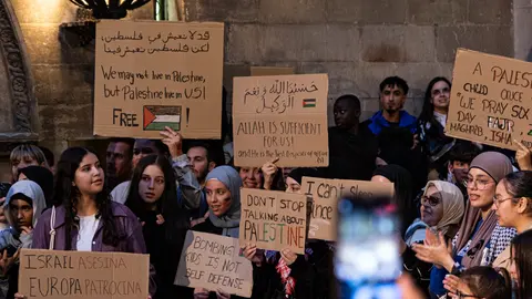 Concentració a la plaça de la Paeria de Lleida, on s'ha llegit un manifest  en solidaritat al poble palestí - Foto: Jordi Vinuesa