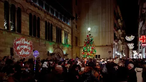 La plaça Paeria s'ha omplert de gom a gom per a presenciar el màping i l'encesa de llums - Foto: Ajuntament de Lleida