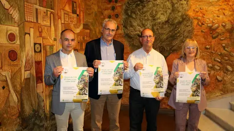 Manel Pelliser, tècnic de l'Ajuntament de Torrebesses; Mario Urrea, alcalde de Torrebesses; Fermí Masot, diputat de la Diputació de Lleida, i Virtuts Fernández, regidora de Turisme de Torrebesses, a la presentació del Fòrum de l'Oli d'Oliva Verge Extra - Foto: Anna Berga