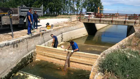 Operaris de la Casa Canal construint una tanca per retenir l'aigua del canal d'Urgell. Foto: Oriol Bosch