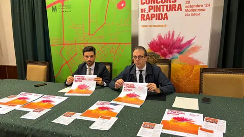 Marc Solsona i Joel Bastons, aquest matí a la roda de premsa de presentació de la 23a edició del Concurs de Pintura Ràpida de Mollerussa