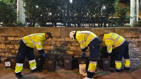 Personal agafa les bosses de brossa dels nous cubells del sistema porta a porta parcial de Tàrrega. Foto: ACN
