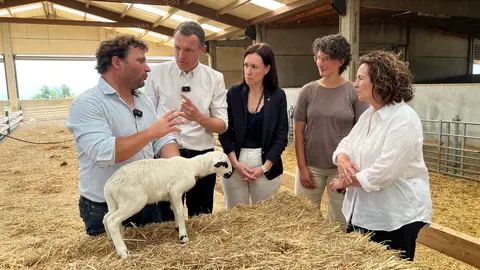 El conseller d'Agricultura, Òscar Ordeig, al costat d'un vedell d'una granja situada al municipi de Conca de Dalt (Pallars Jussà) acompanyat per la delegada del Govern a l'Alt Pirineu i Aran, Sílvia Romero