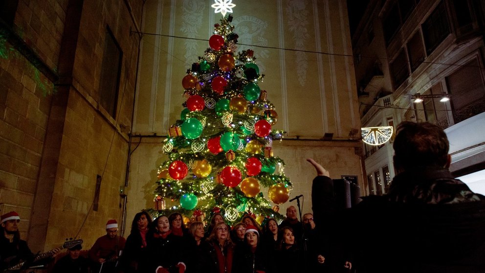 La coral Veus.kat ha fet una cantada de nadales davant el gran avet natural que decora la plaça Paeria - Foto: Ajuntament de Lleida