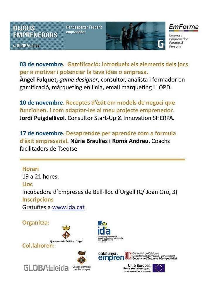 Jornades gratuïtes d'Emprenedoria programa dijous inteior texte