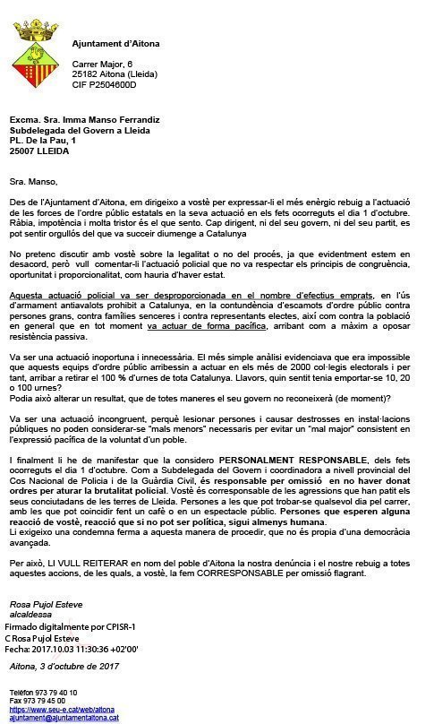 CARTA A LA SUBDELEGADA DEL GOVERN A LLEIDA 