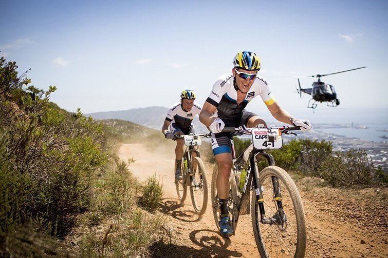 Karl Platt and Urs Huber of Team Bulls during the Prologue of the 2015 Absa Cape Epic Mountain Bike stage race held at the University of Cape Town in Cape Town, South Africa on the 15 March 2015Photo by Nick Muzik/Cape Epic/SPORTZPICS
